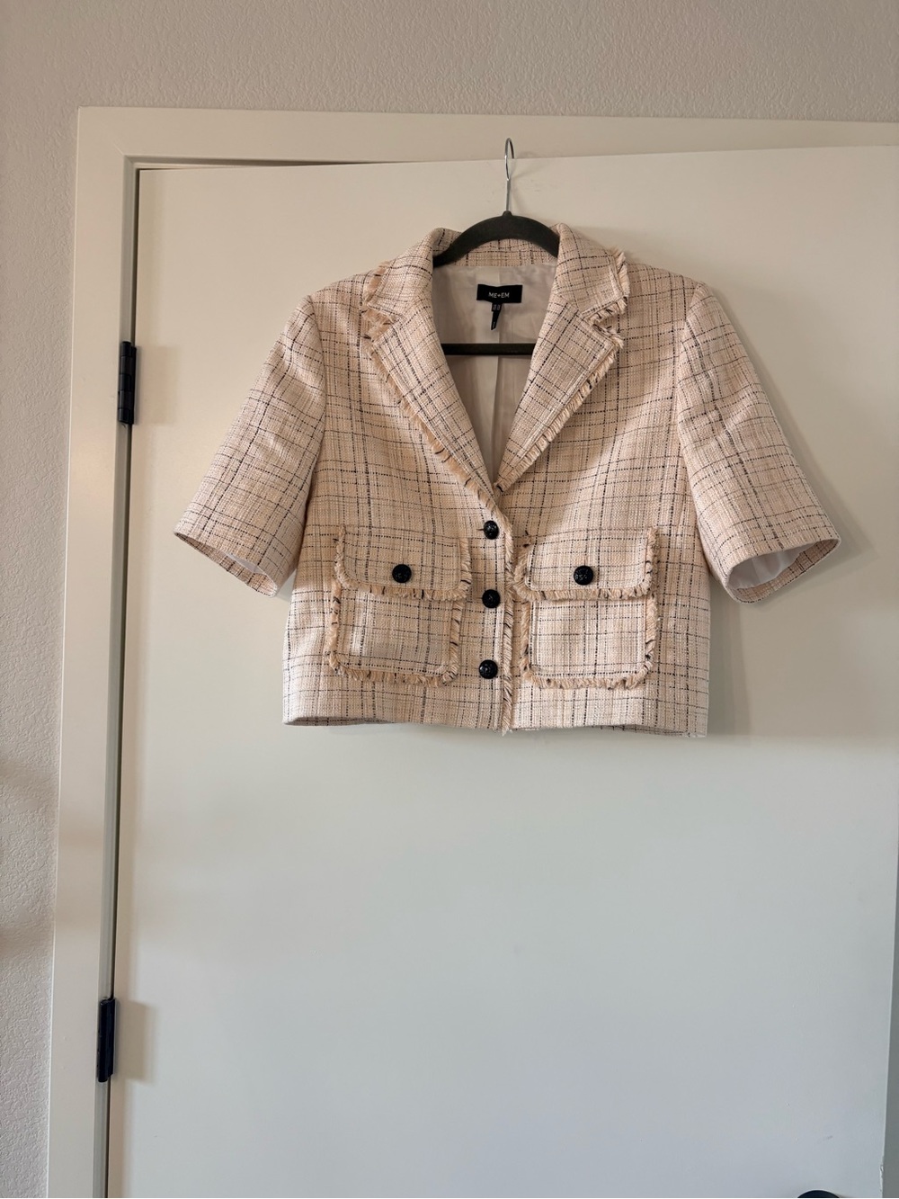 ME+EM Cropped Pale peach Tweed Blazer with Frayed Trim - Picture 7 of 8